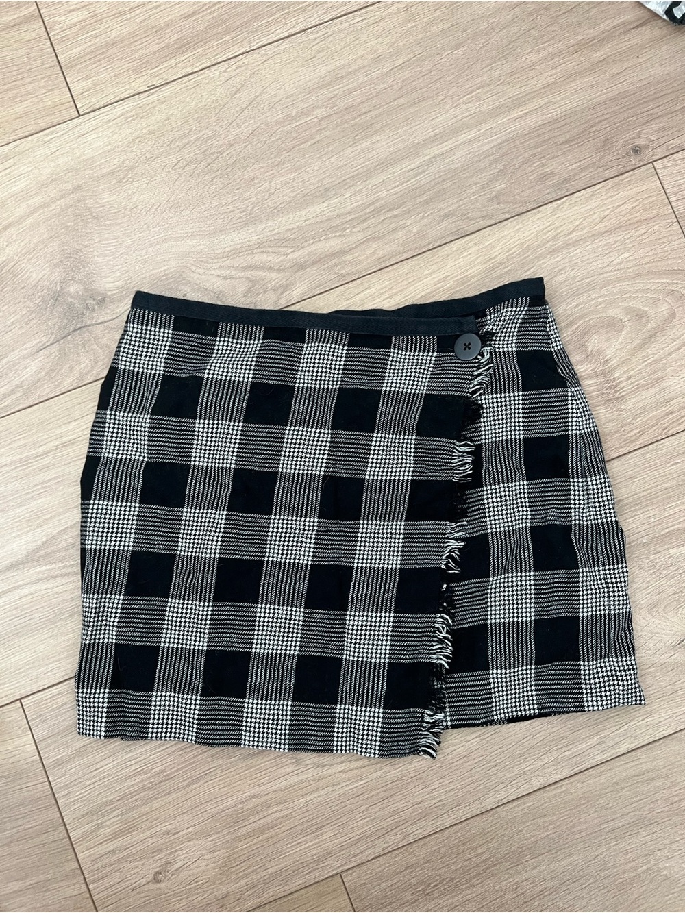 Madewell Black and White Plaid Fringe Wrap Mini Skirt